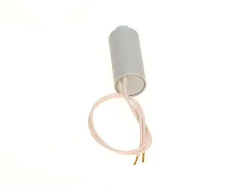 Kondensator von Bosch, zylindrische Form mit zwei Anschlussdrähten in beige, zur Verwendung in elektrischen Geräten oder Maschinen.